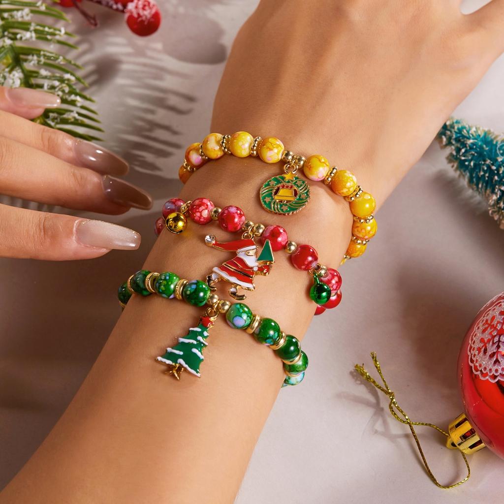 Christmas Tree Santa Claus Snowman Acrylic Beaded Bracelets Wreath Snowflake Crutch Deer Multilayer Bangle For Women Men Jewelry