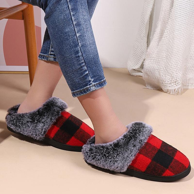 Fashion Retro Plaid Plush Slippers for Women Soft Faux Fur House Cotton Slippers Woman Winter Slip On Non Slip Furry Slides Female