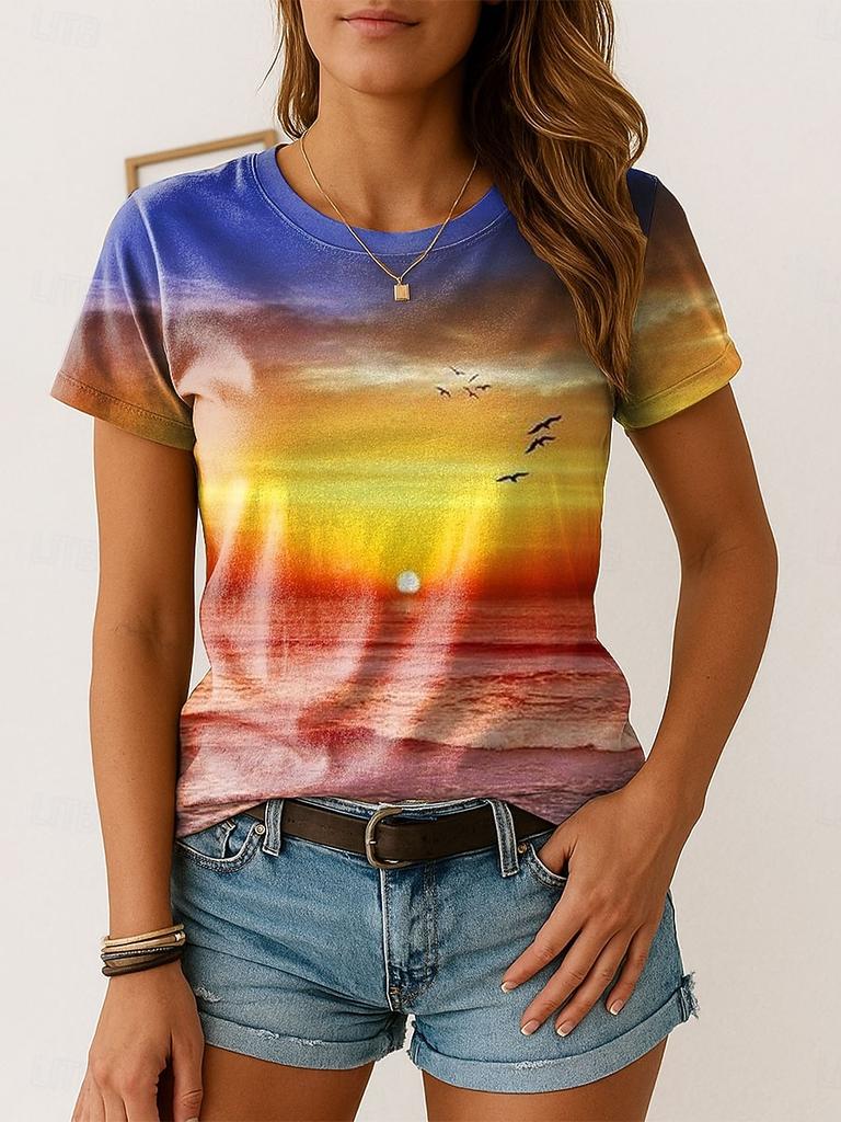 Ocean Sunset Print Casual T Shirt Crew Neck Short Sleeve Tee For Women Summer Holiday Travel Beach Casual And Daily Wear