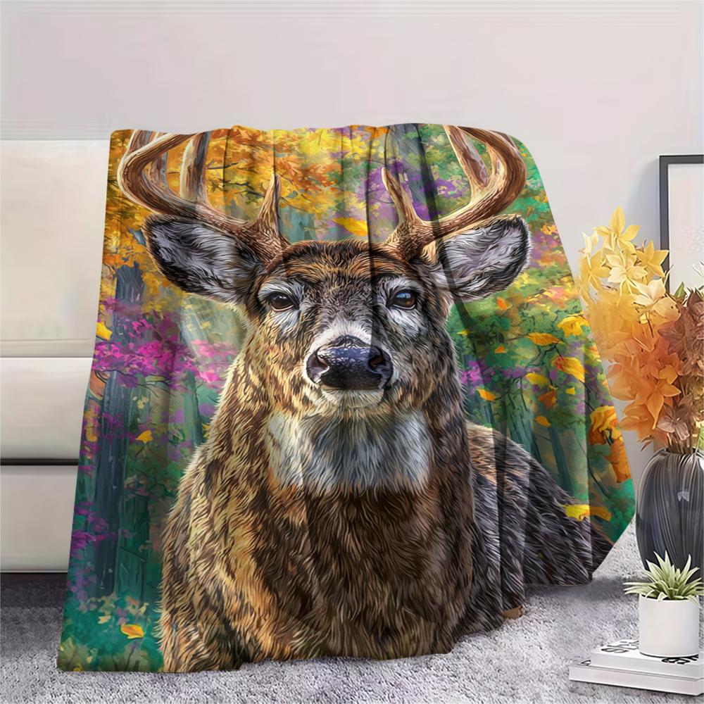 1Pc Deer in Forest Print Flannel Blanket, High quality Comfortable for All Seasons, Home Decor, Warmth and Comfort, Perfect for Gifts