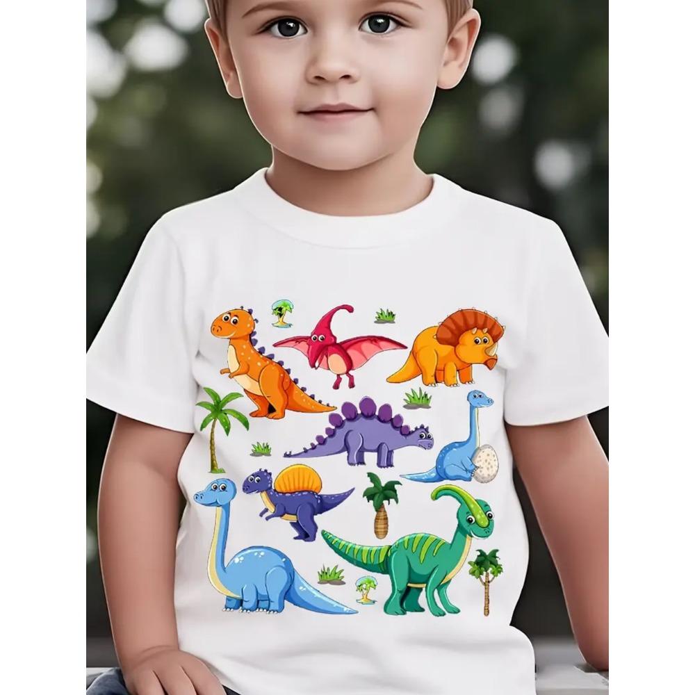 T-shirt da Ragazzo Dinosauro Stampa Cartone Animato Colorata Estiva Manica Corta Top alla Moda Pullover T-shirt Abbigliamento Casual da Esterno per Bambini
