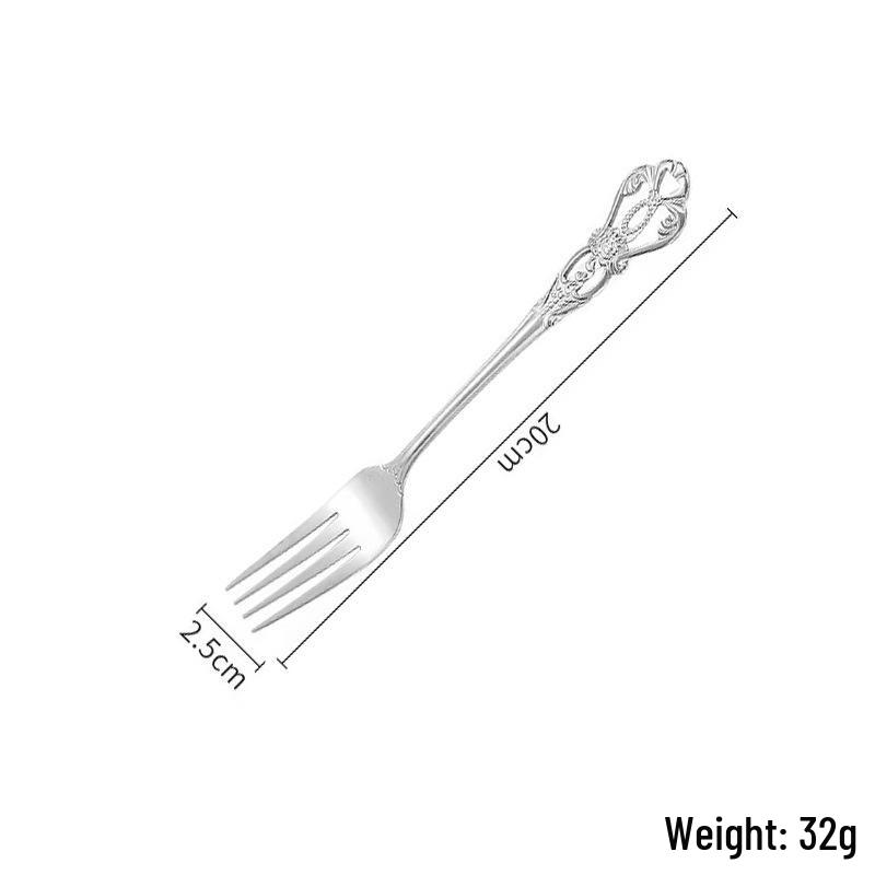 Royal Court Stainless Steel Retro Embossed Cutlery Set: Knife, Fork, Spoon, Steak Knife, Dessert Spoon.