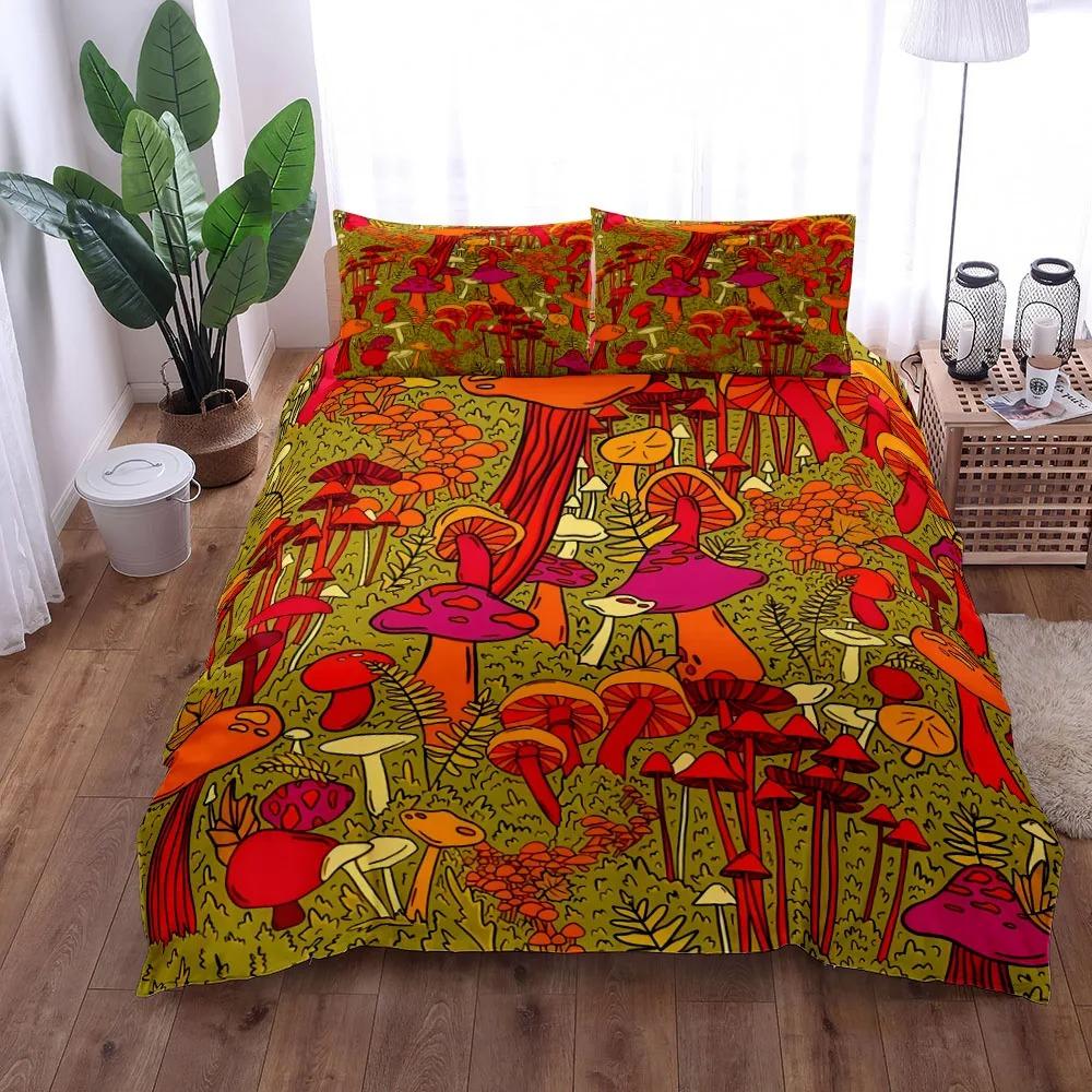 Duvet pillowcase, mushroom bedding set, forest plant print home Bedroom decor for kids boy gift comforter sets