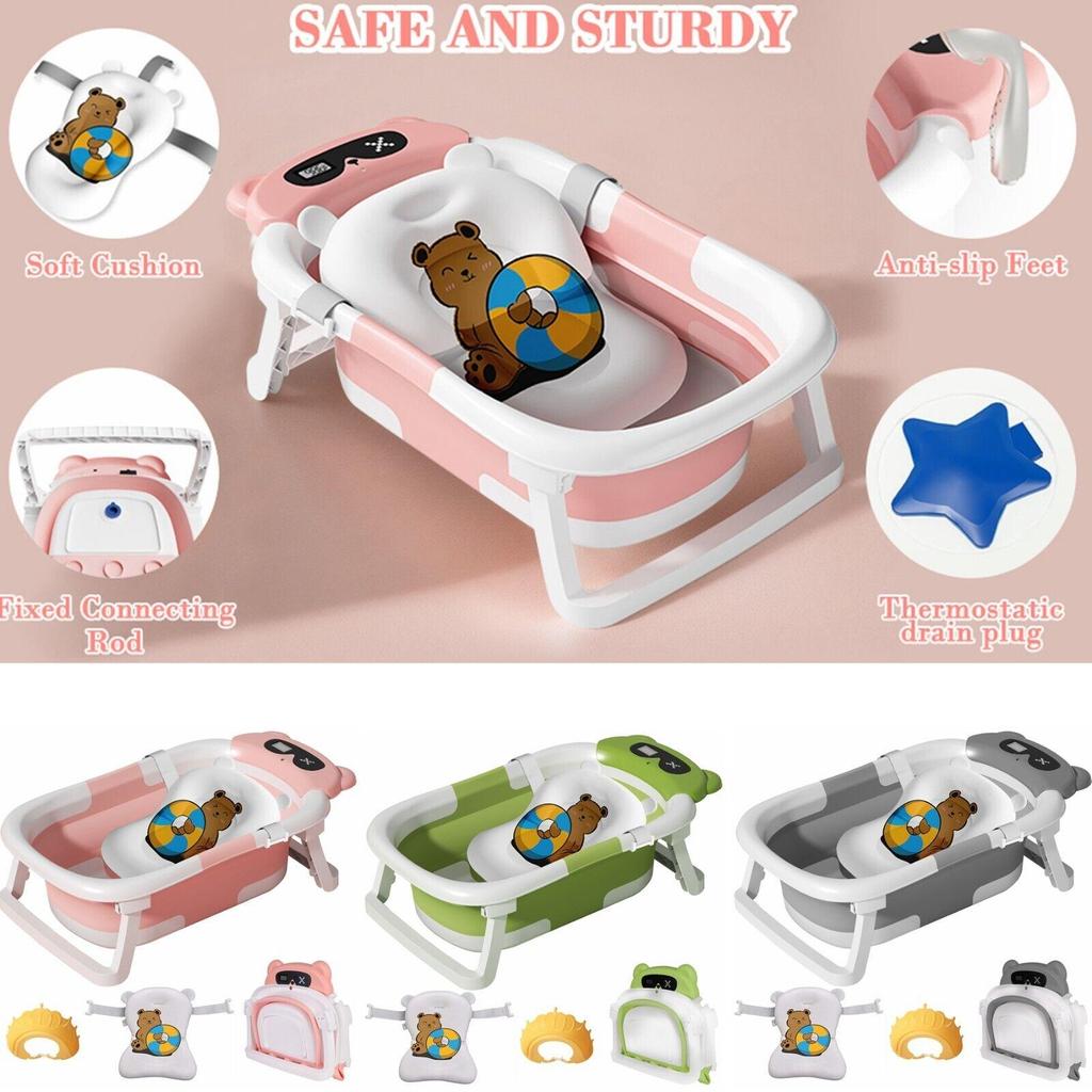 Foldable Baby Bathtub for Infants To Toddler, Portable Travel Bathtub with Thermometer & Bath Cushion & Bath Cap, Baby Bathtub for Newborn 0-36 Month