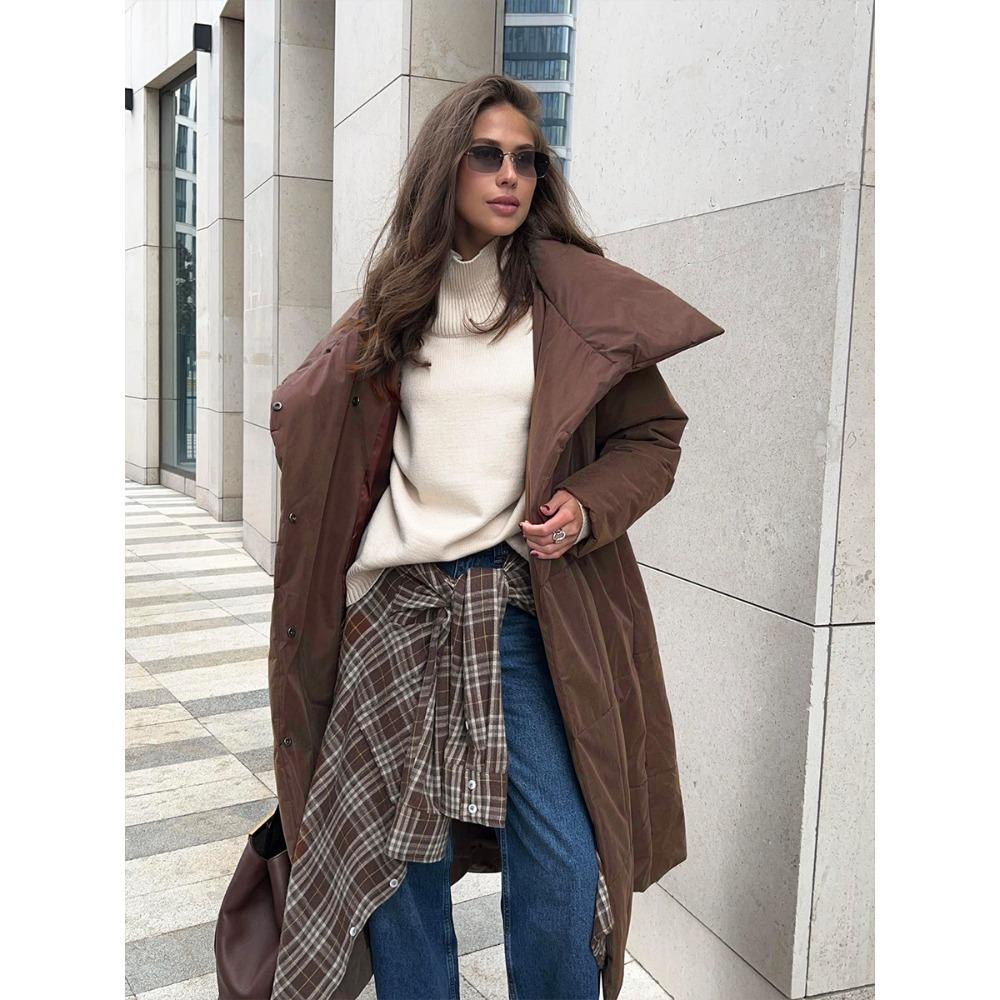 Women Long Wrap Puffer Coat Wide Collar Belted Waist Winter Warm Outerwear