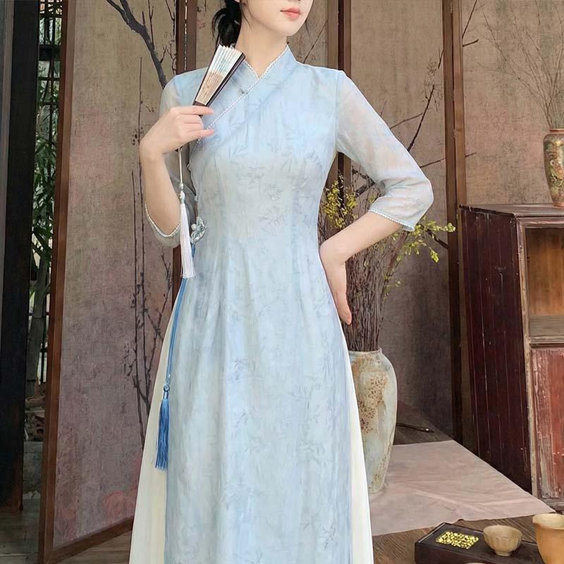 Women's Zen-Inspired Mid-Length Hanfu Qipao Dress for Spring/Summer
