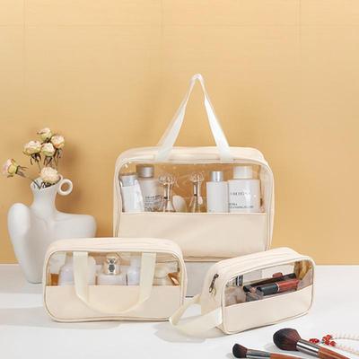Duża Przezroczysta Wodoodporna Kosmetyczka - PU Splicing, Przenośna, Ręczna, do Przechowywania Makijażu i Podróży