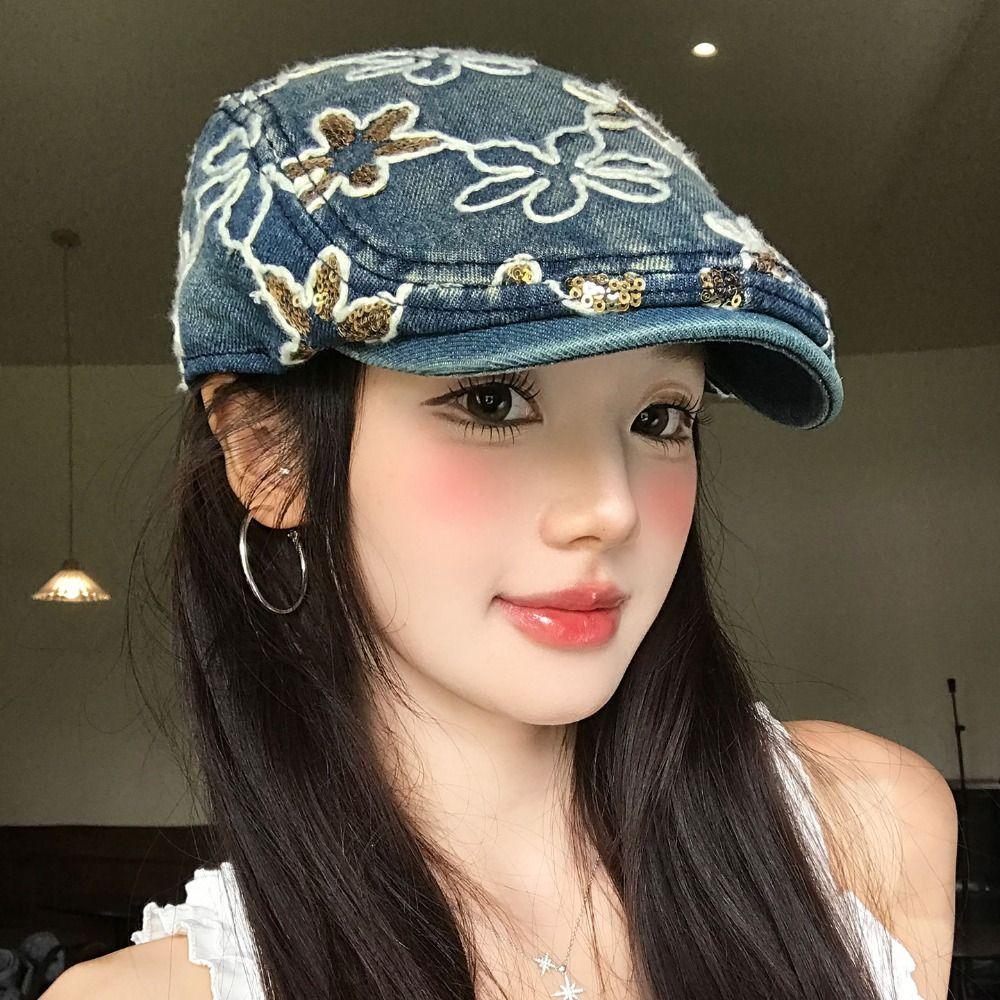 Cloth Denim Forward Cap Y2k Sequin Newsboy Cap Retro Cadet Cap  Travel
