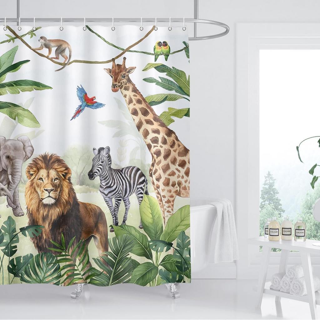 Wildtier Duschvorhang Dschungel Elefant Giraffe Zebra Regenwald Tropisch Safari Badezimmer Heimdeko Wasserdicht Polyester