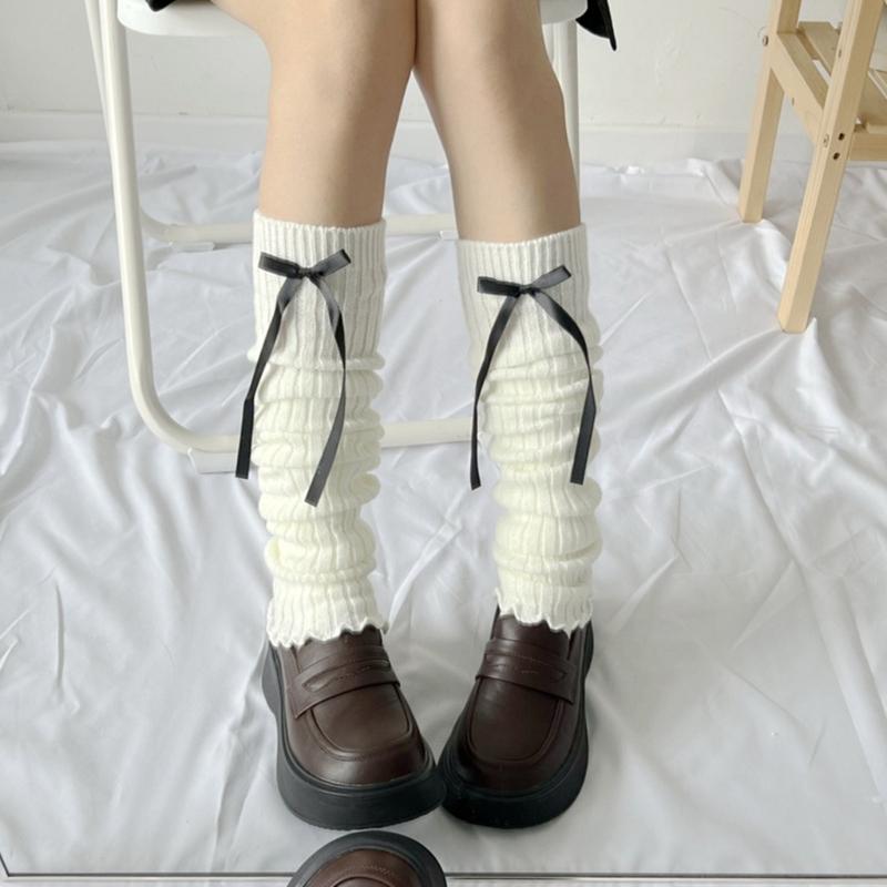 Women Harajuku Gothic Ribbed Knit Leg Warmer Socks Japanese Sweet Ribbon Bowknot Lettuce Ruffled Hem Foot Cover Stocking