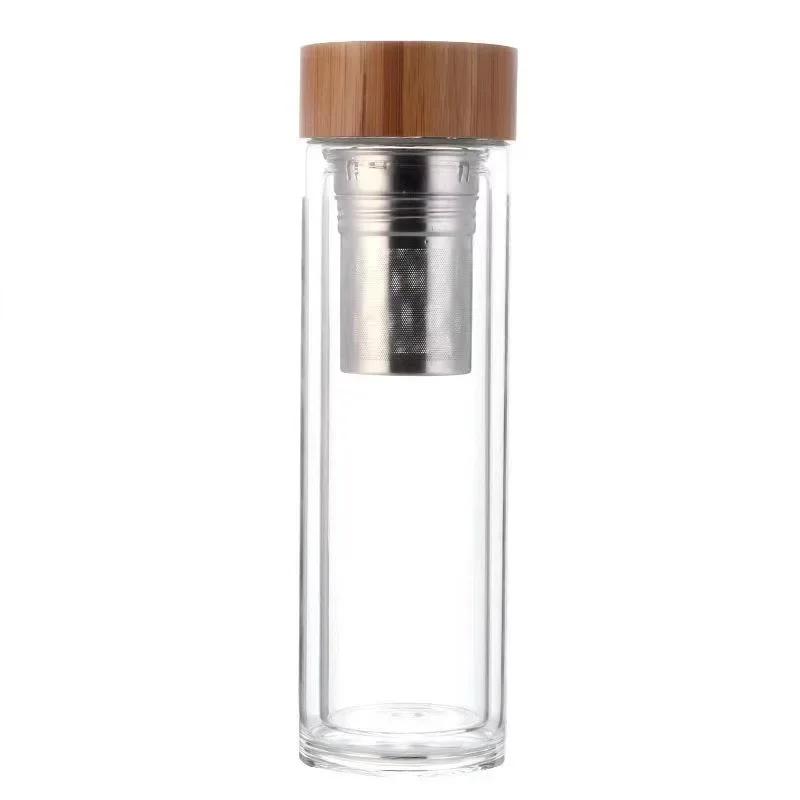 Stainless Steel Double Wall Glass Water Bottle Filters Bamboo Lid Travel Home Tea Infuser Office Thicken Teacup 300/400/500ML