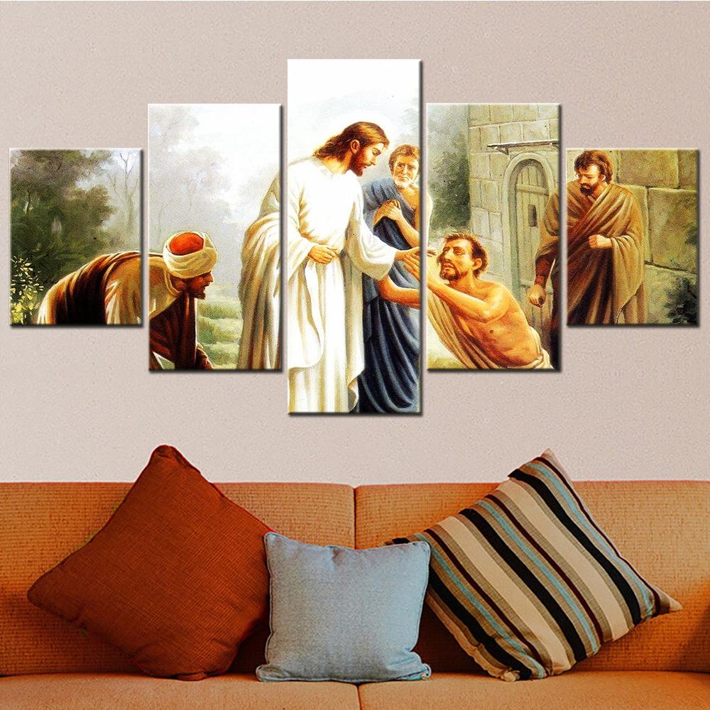 5 Pieces Canvas Wall Art Poster Painting Jesus Heals The Blind Wallpaper Home Decoration Living Room Picture Print Bedroom Mural