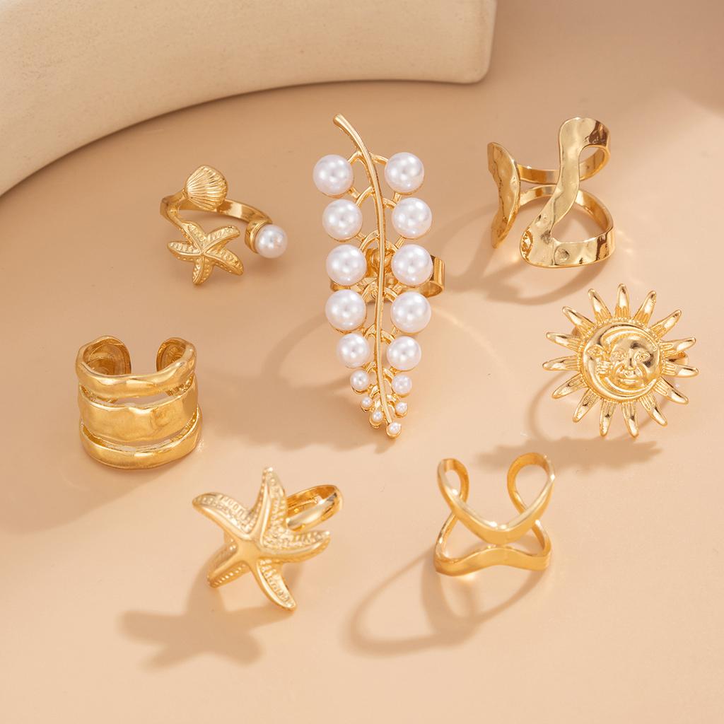 7pcs Vintage Exaggerated Metal Flower Starfish Pearl Rings for Women Fashion Aesthetic Beach Style Gold Color Vacation Jewelry