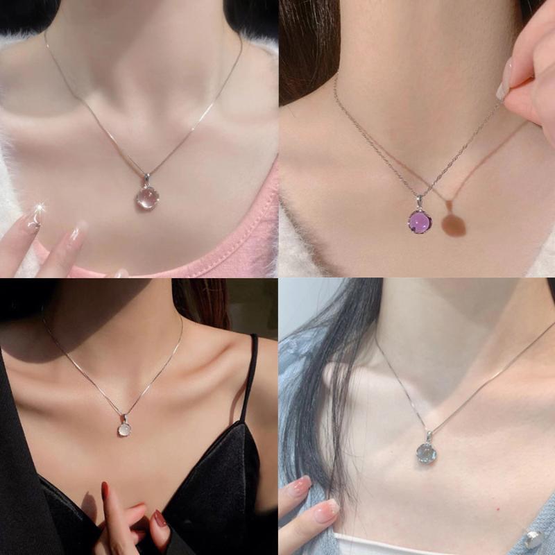 Chalcedony Round Pendant Necklace 1Pcs Fashion Hypoallergenic Short Clavicle Chain for Women Daily Wear Birthday Gift