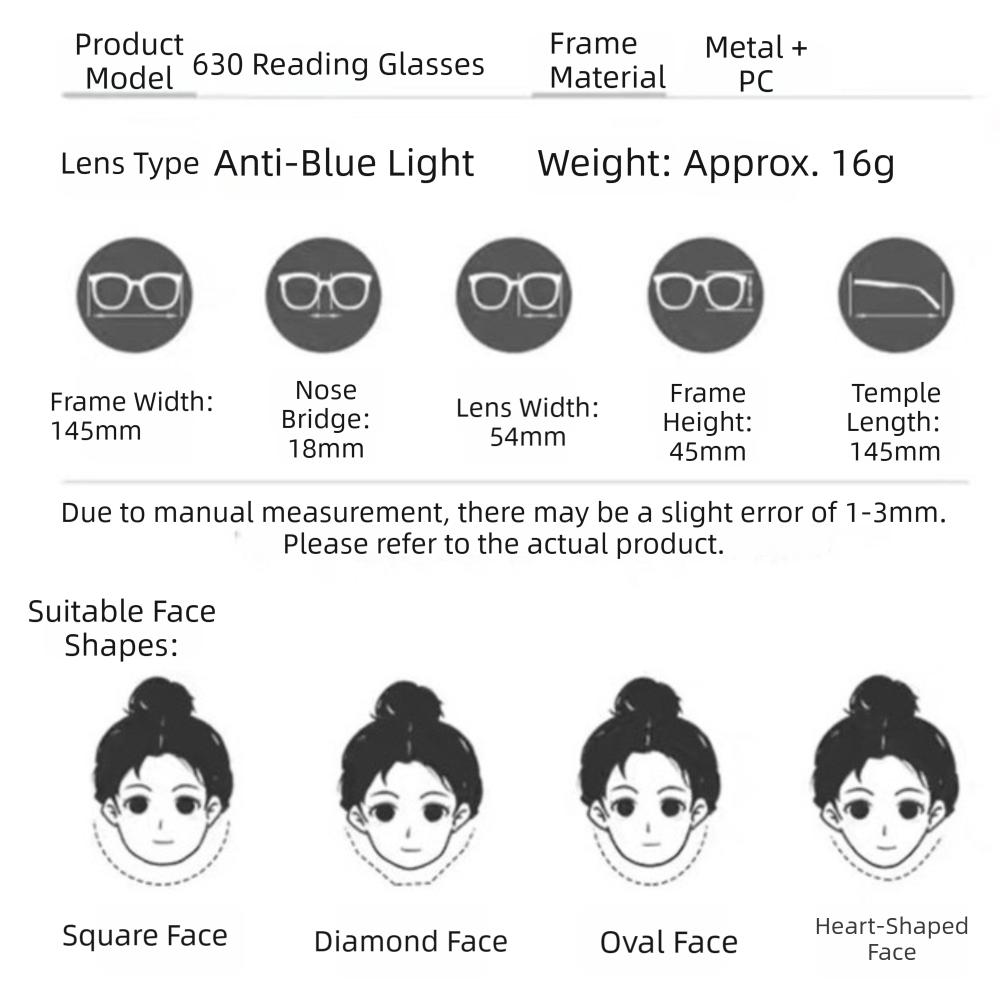 +0 +100 +150 +200 +250 Anti Blue Light Glasses Metal Frame Big Frame Reading Glasses Plus Diopters Square Frame