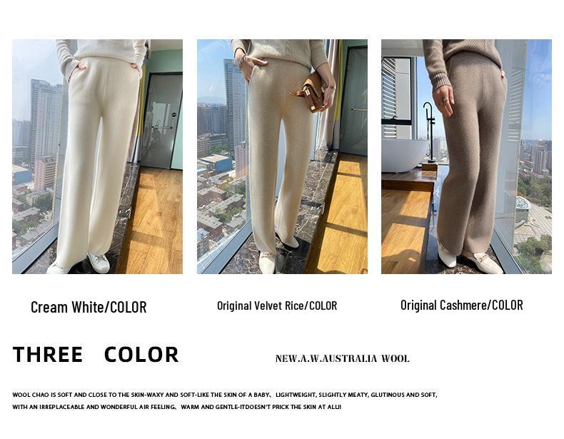 Women's 100% Wool Wide-Leg High-Waist Autumn/Winter Pants - Thickened, Warm, and Loose-Fitting