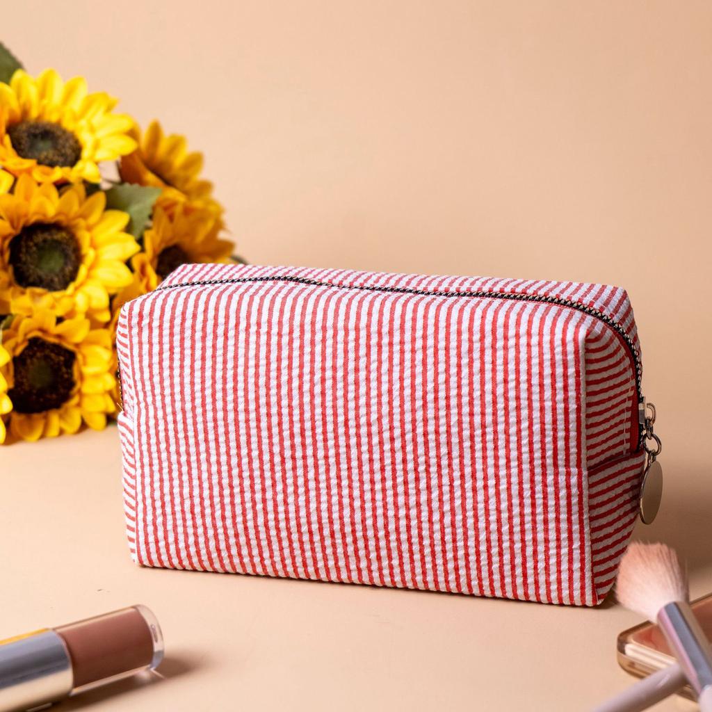Striped Embroidery Makeup Bag Travel Toiletry Organizer with Bubble Print Waterproof Portable Multi-Compartment