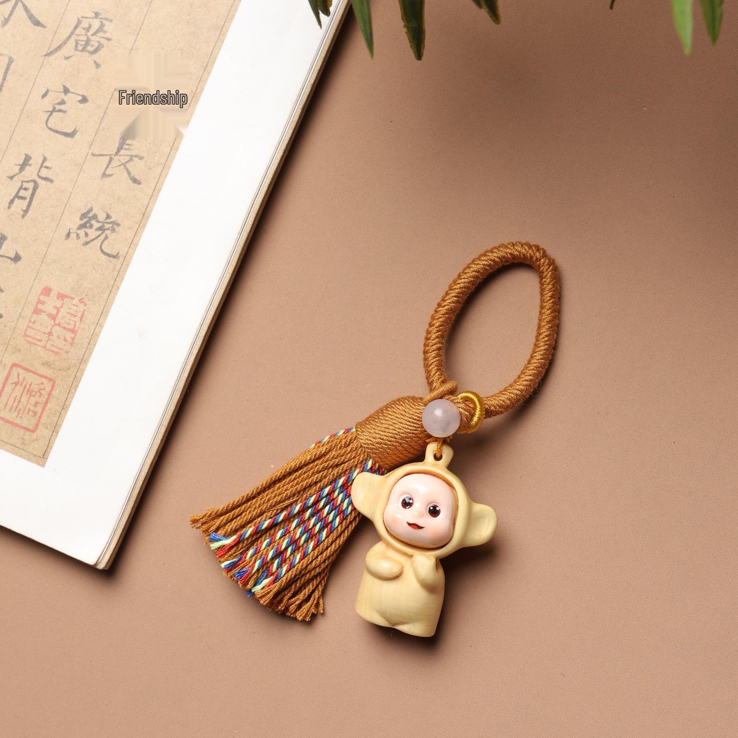 Teletubbies Cartoon Rainbow Wood Carving Tassel Pendant Keychain Ornament