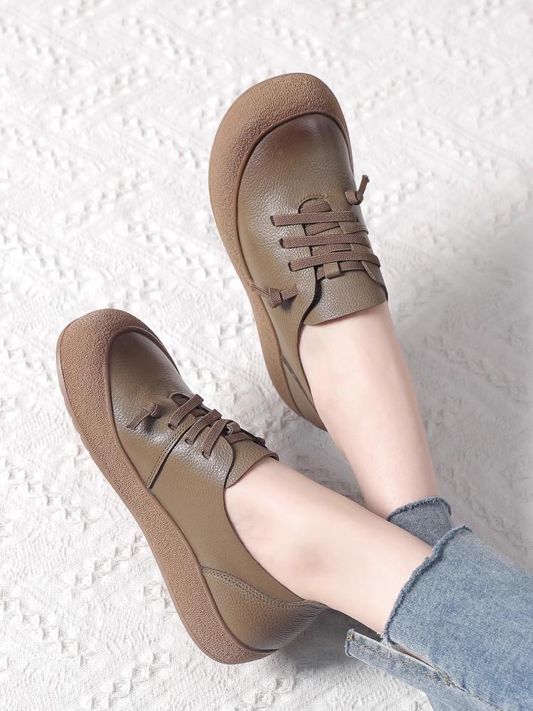 Fashion 2025 Spring Autumn New Leather Women's Shoes Soft Soled Comfortable Versatile Thick Soled Casual Shoes Retro Leather Shoes