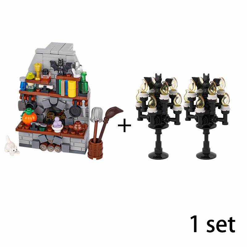 MOC Steine Mittelalter Alchemie Raum Küche Zauberer Trank Bausteine Teufelsquelle Schloss Straßenlaterne Hexen Figuren Szene Schädel