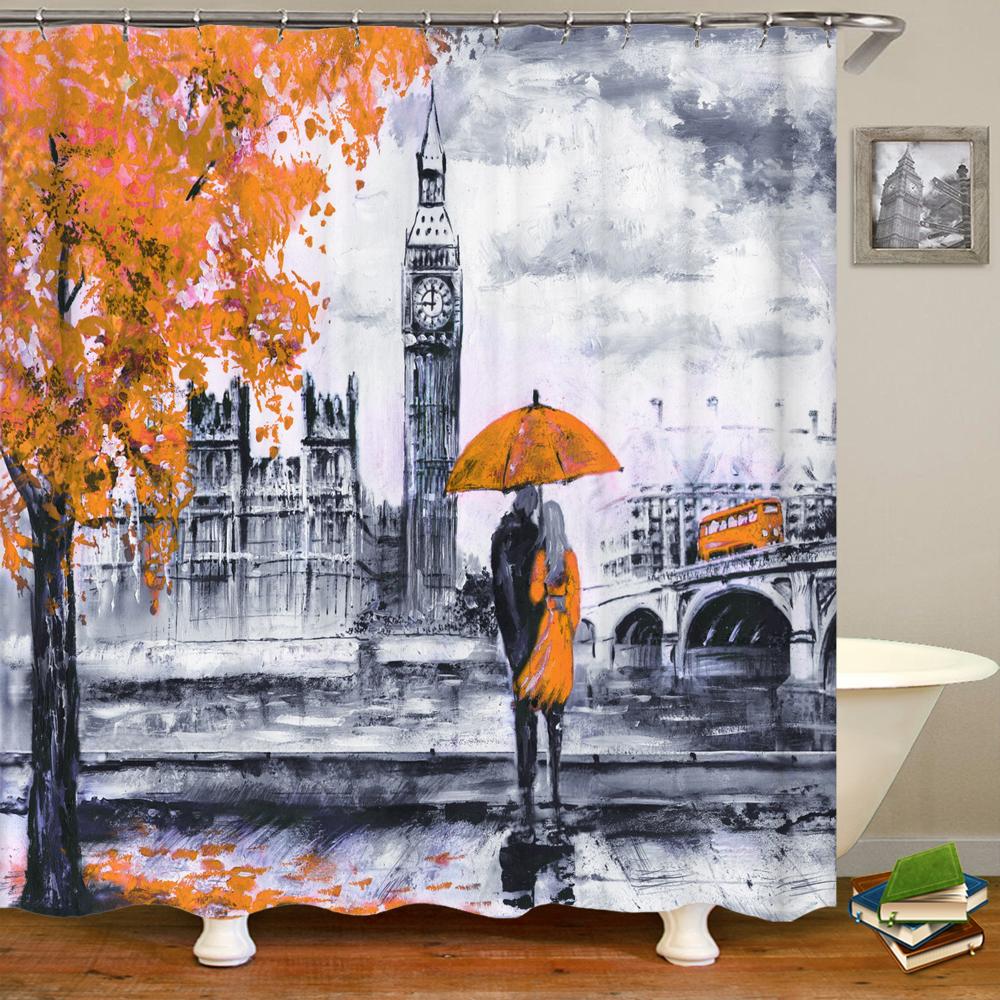 Nordic Style Landscape Paris Tower Fabric Shower Curtain Bathroom Curtains Waterproof Polyester Bath Screen with 12 Hooks