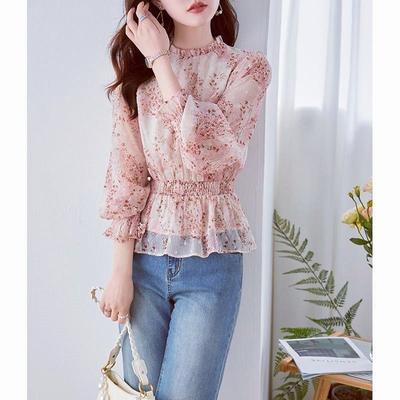 Women's Pink Floral Ruffled Blouse Sheer Long-Sleeve Peplum Waist Casual Top