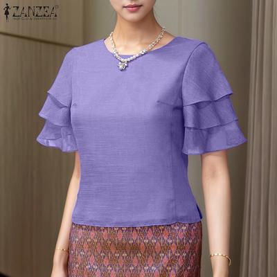 Women Summer Round Neck Ruffles Short Sleeve Casual Blouse