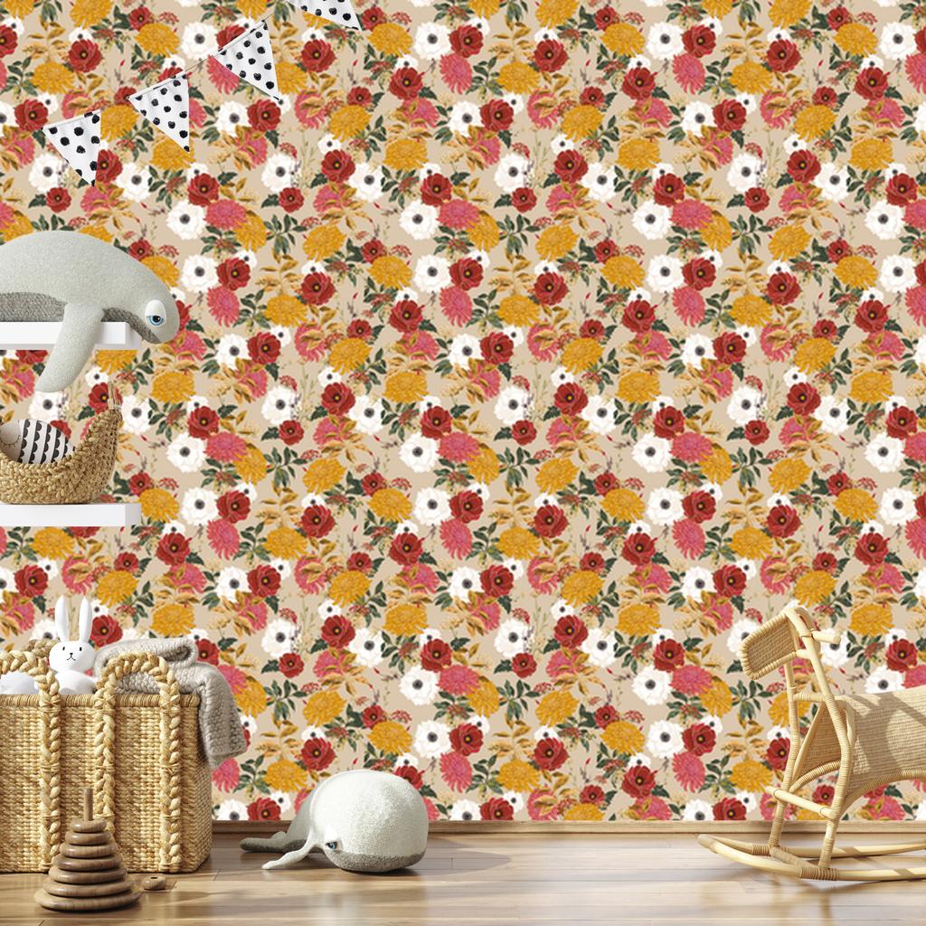 Colorful Flowers Wallpaper In Retro Style for Living Room and Bedroom 50x1000