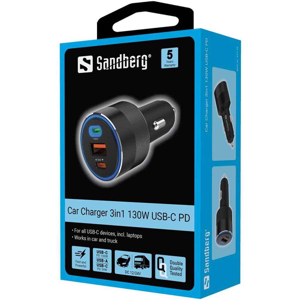 Sandberg Car Charger 3In1 130W Usb-C Pd, 441-49