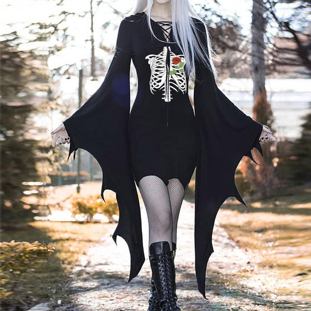 Medieval Vampire Cosplay Costume Women Sexy Slim Gothic Black Dress Vintage Bat Sleeve Witch Halloween Carnival Party Dresses