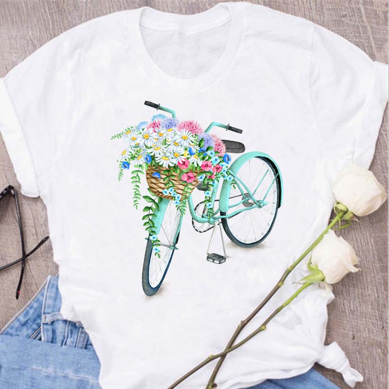 Woman Funny Bicycle Floral Print T Shirt Harajuku Women Tshirts Casual O-Neck Short Sleeves Tops Tees Shirt,Drop Shipping