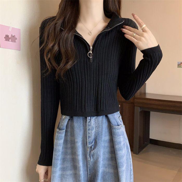 

Вязаный базовый свитер для женщин на осень и зиму, облегающий и уникальный, с половинной молнией one size чёрный