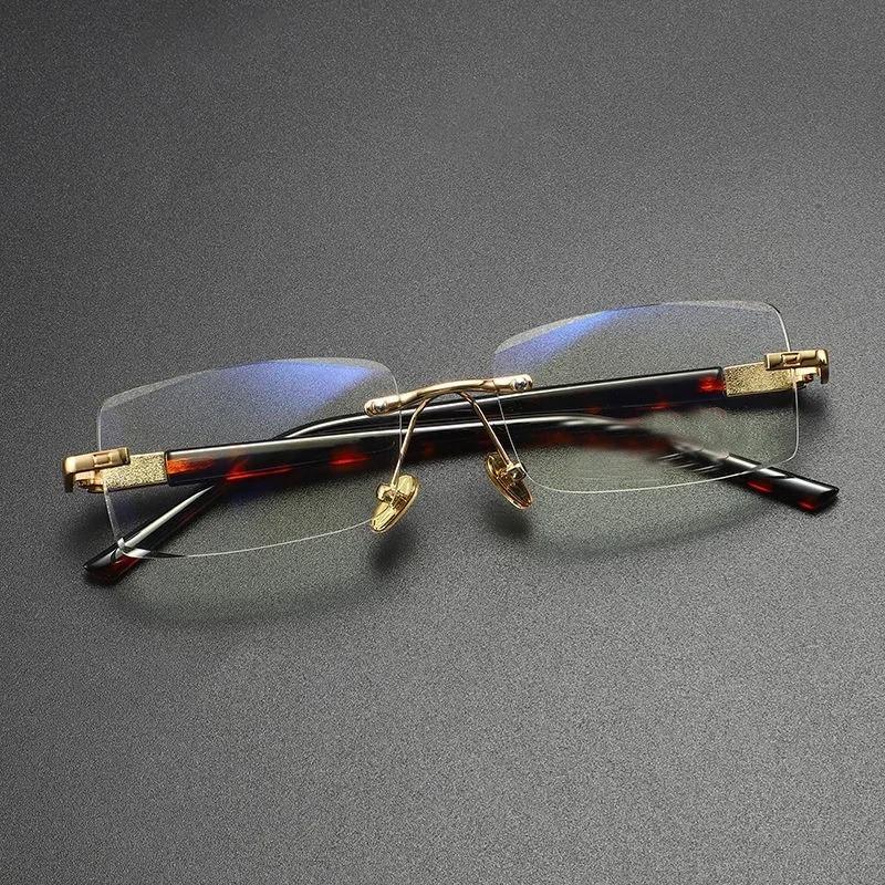 FG Men Blue Light Blocking Reading Glasses Dimond Cutting Rimless Eyeglasses Frame Anti Fatigue Hyperopia Presbyopic Eyewear