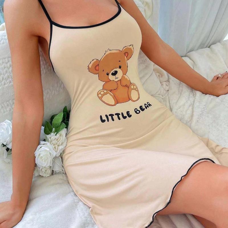 Women Suspender Skirt Ladies Short Skirt Comfortable Pajamas Leisure Homewear Sexy Outside Letters Bear Printed One-Piece-Dress