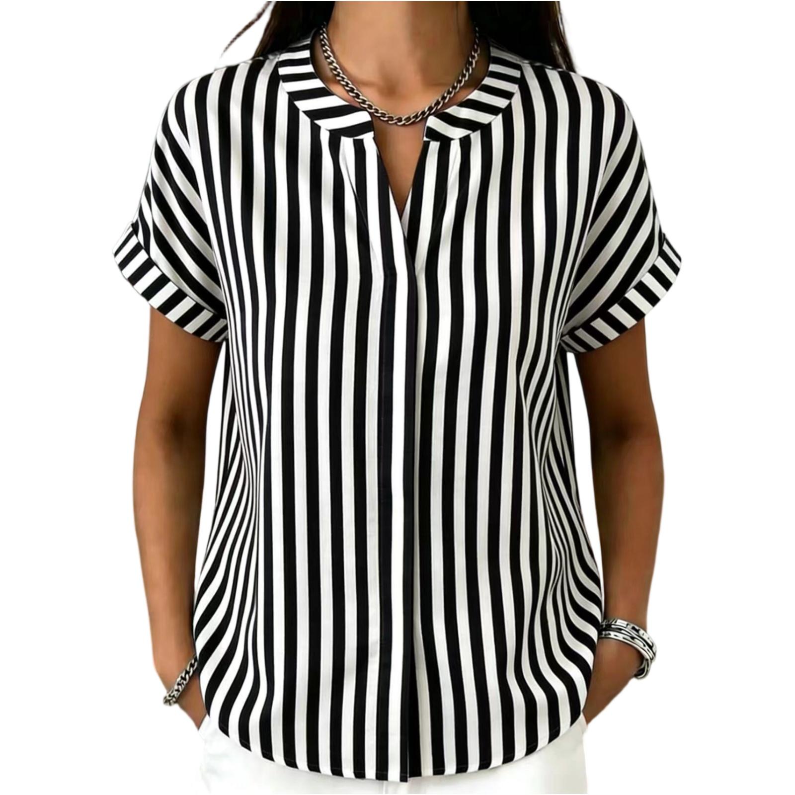 Women s Drop Shoulder V Neck Blouse, Pleated Striped Print Short Sleeve Top for Casual Wear L