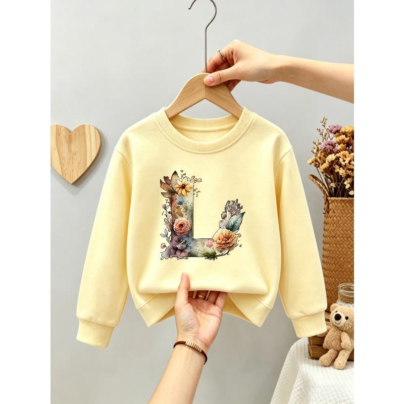 Kids Girls Crewneck Sweatshirt, Watercolor Floral Letter L Print Soft Pink Fleece Pullover