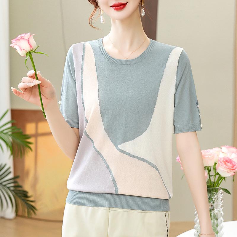 Women's Summer Knit Short-Sleeve Base Layer T-Shirt for Young Mothers & Middle-Aged Women