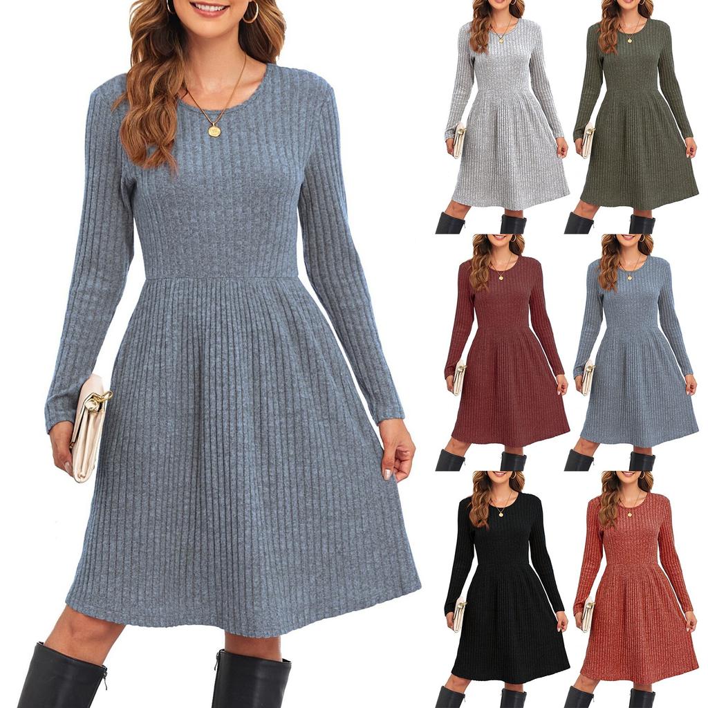 Vestido Casual Feminino de Manga Comprida Solto de Cor Sólida