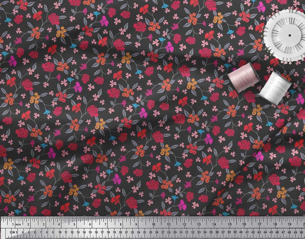 Soimoi Japan Crepe Satin Fabric Berries,Leaves & Floral Artistic Print Fabric by the Metre 42 Inch