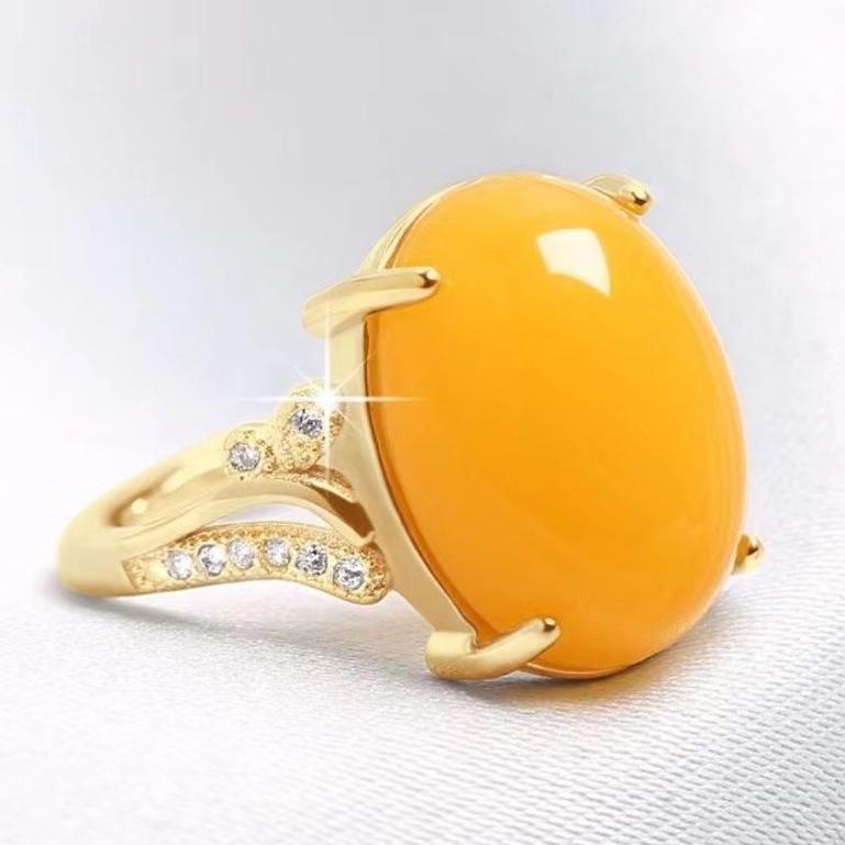 Second-Generation Silver-Plated Ring with Imitation Yellow Chalcedony and Agate for Women