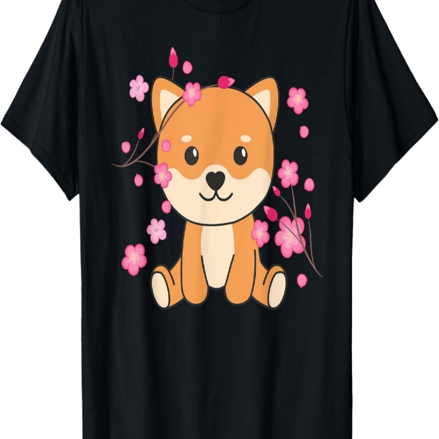 Shiba Inu Cute Animals For Kids Kawaii Cherry Blossoms T-Shirt S
