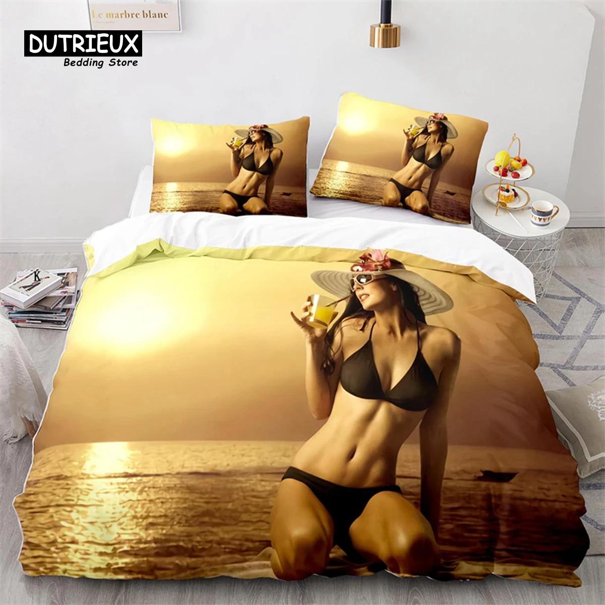 

Bikini Beach Bed Ensemble Sexy Buttocks Girl Quilt Cover Microfiber Hawaii Holiday Scenery Comforter Cover King Dimension Twin Size For Boy Girl EU Single 135x200cm
