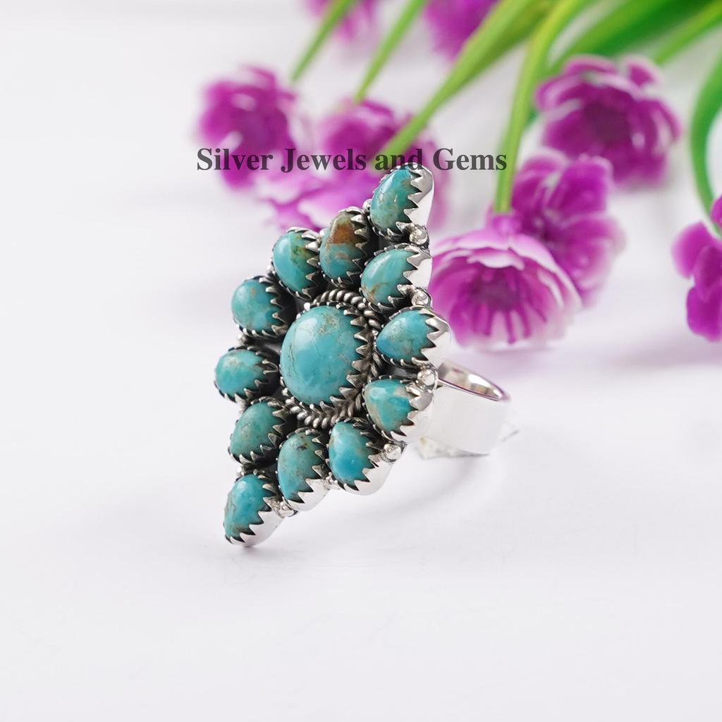 Arizona Turquoise Cluster Ring, Multi Stone Gemstone Ring, Gift for Mom, 925 Sterling Silver Ring, Designer Ring, Handmade Turquoise Ring