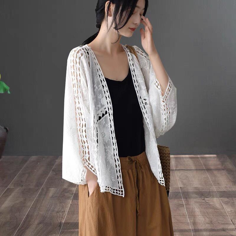 Gestrickte Hohlstrickjacke Damen Frühling und Sommer Äußeres Dünnes Oberteil Spitzenhemd Sonnenschutzhemd Klimaanlagenhemd Vielseitiger Schal