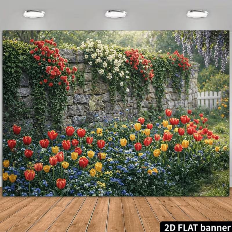 2D Lente Bloementuin Achtergrond, Rustieke Stenen Muur Tulp Foto Banner Decor