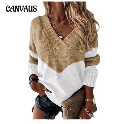 Autumn and Winter Women's Plus Size Pullover V-Neck Loose Type Sweater Patchwork Colour Collision Knit Sweater