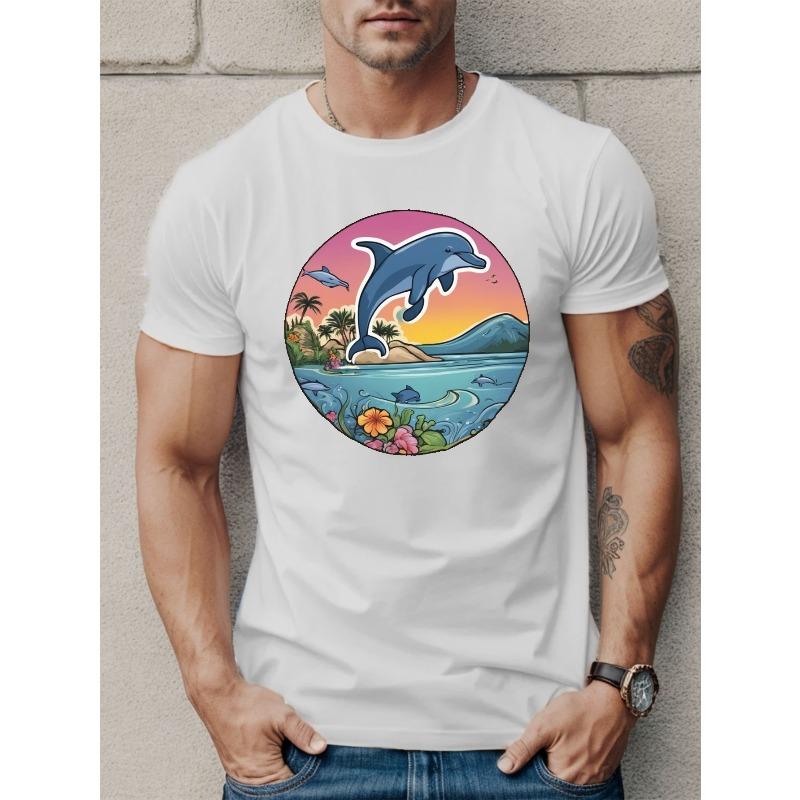 Европейский размер, футболка с принтом дельфина, прыгающего, футболки для мужчин, повседневная футболка с коротким рукавом для лета S белый