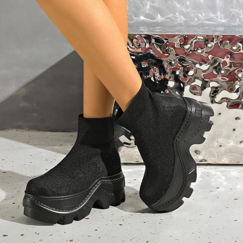 Fashion Platform Women Sock Ankle Boots High Heels Knitting Elegant Shoes Woman 2025 Trend Fashion Cozy Dress Ankle Boots Mujer Botas
