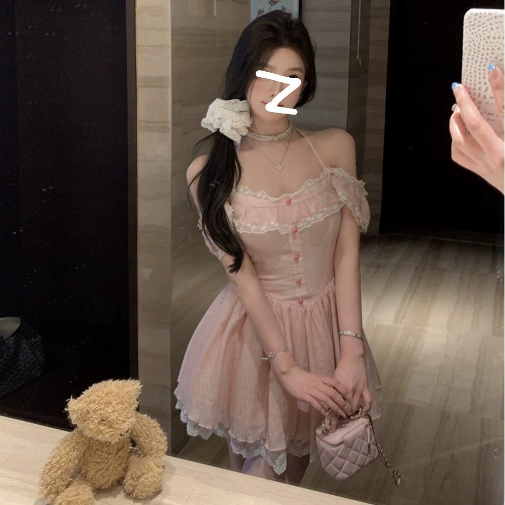 French Pink Lace Neck Sling Dress Women's Summer Halter Bow Waist Unique Beautiful Small Skirt
