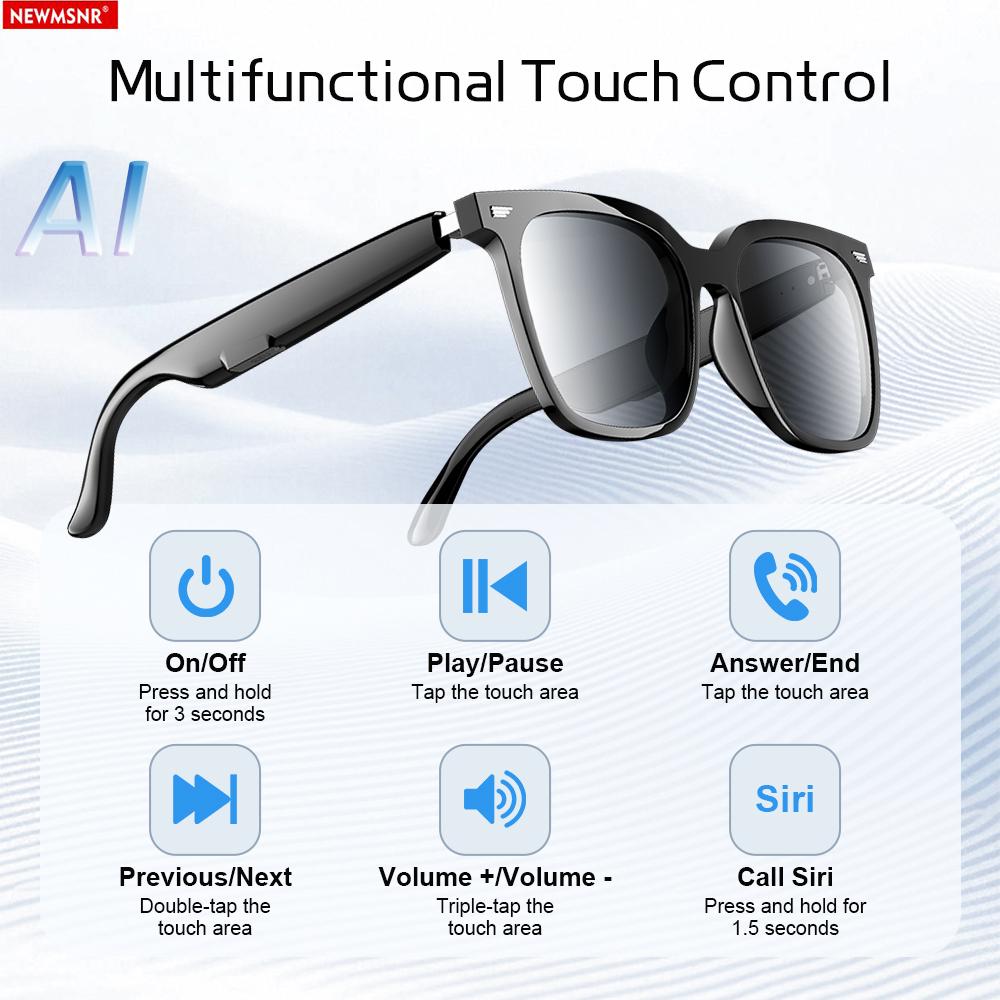 AI Bluetooth Sunglasses Multifunctional Wireless Earphones Stereo Sound Earbuds Touch Control Headphones Sports Headsets HD Call